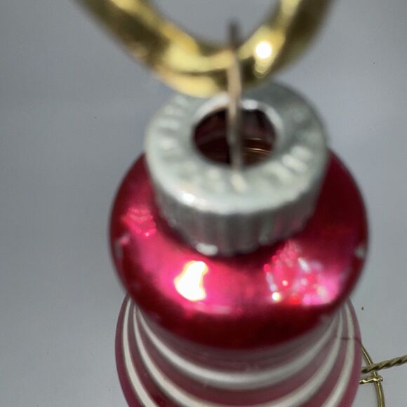 Auth Vintage Shiny Brite Striped Bell Glass Ornament 3" Pink Red Silver White - Picture 4 of 9
